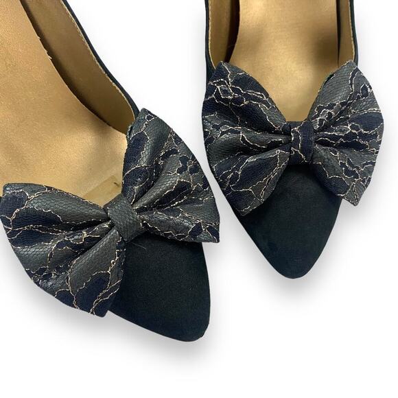 1960's German designer ANDRE black nubuck suede stiletto pumps large lace bow - Picture 6 of 16